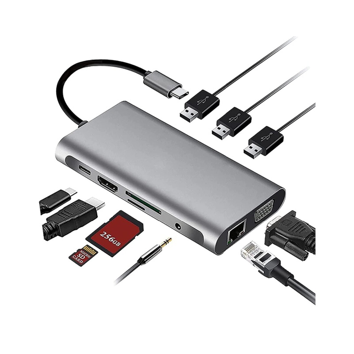 Hub 11 en 1 USB-C a 4xUSB USB-C HDMI VGA Ethernet 3.5mm 