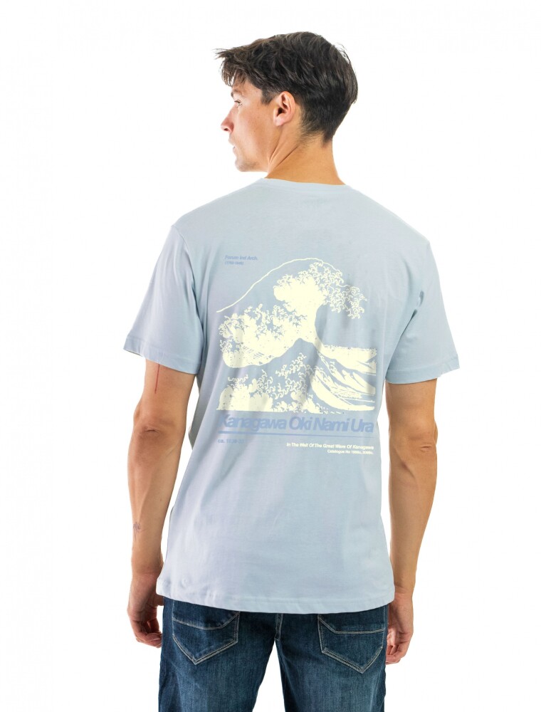 Remera Algodón Estampada Cuello Redondo Celeste y Crema