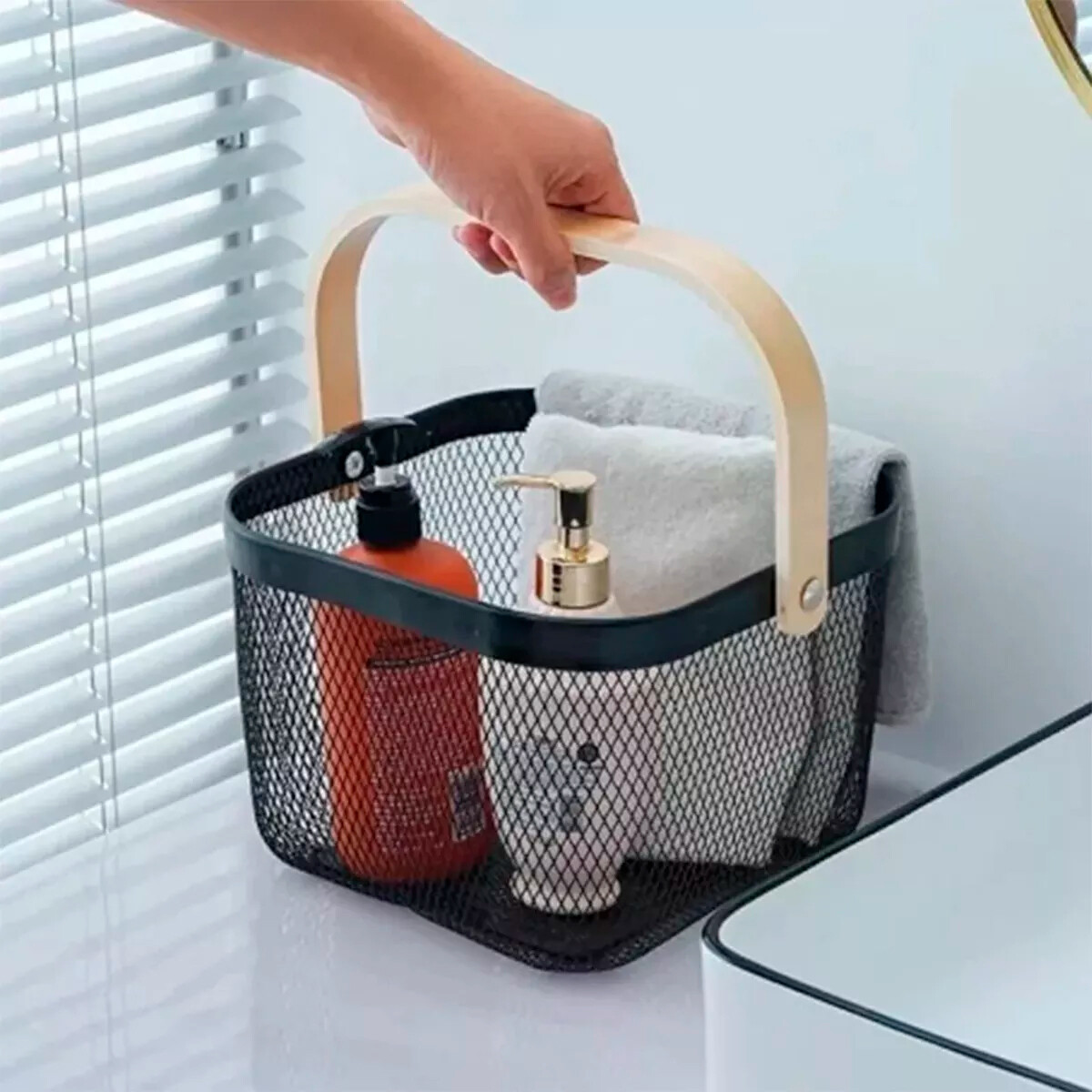 Canasto organizador metal con asa de madera - NEGRO 