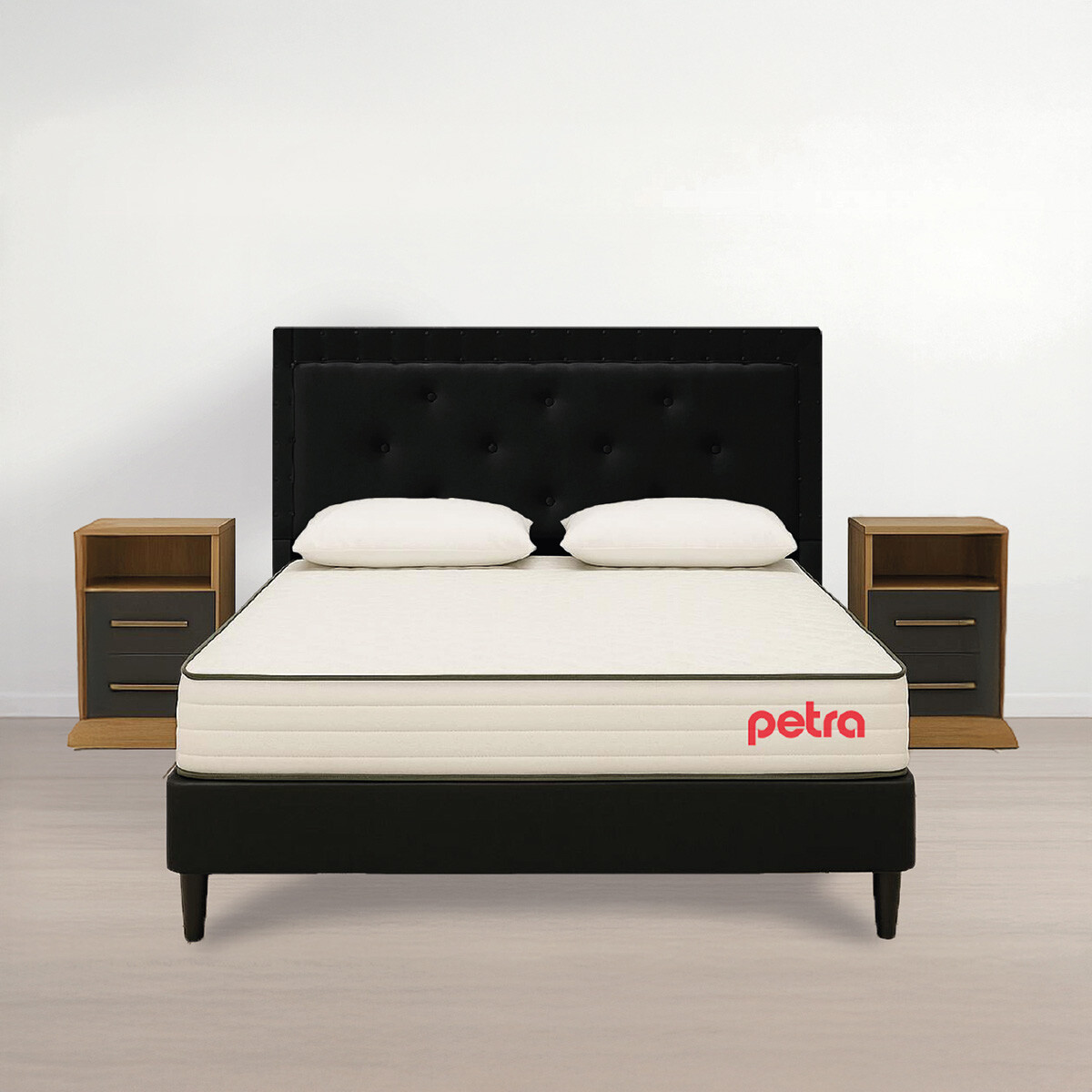 Juego De Dormitorio Sommier Mesa De Luz Respaldo Almohada Negro 
