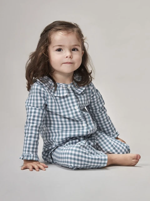 Pijama Cuello Volante De Cuadro Vichy Petroleo Claro