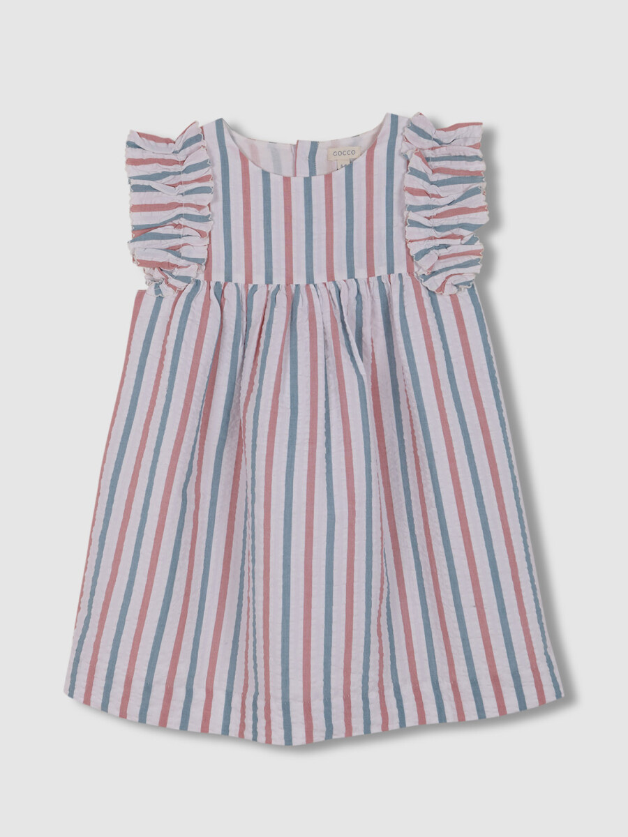 Vestido De Rayas Con Volantes En Mangas Azul Claro