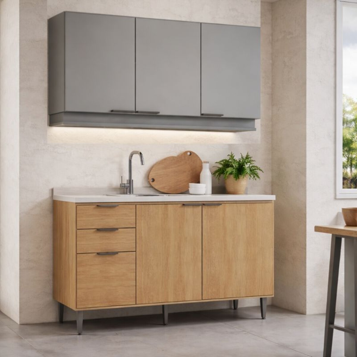 COMBO AEREO + BAJO MESADA 1.20 MT TITANIUM/FREIJO - ALPHA 