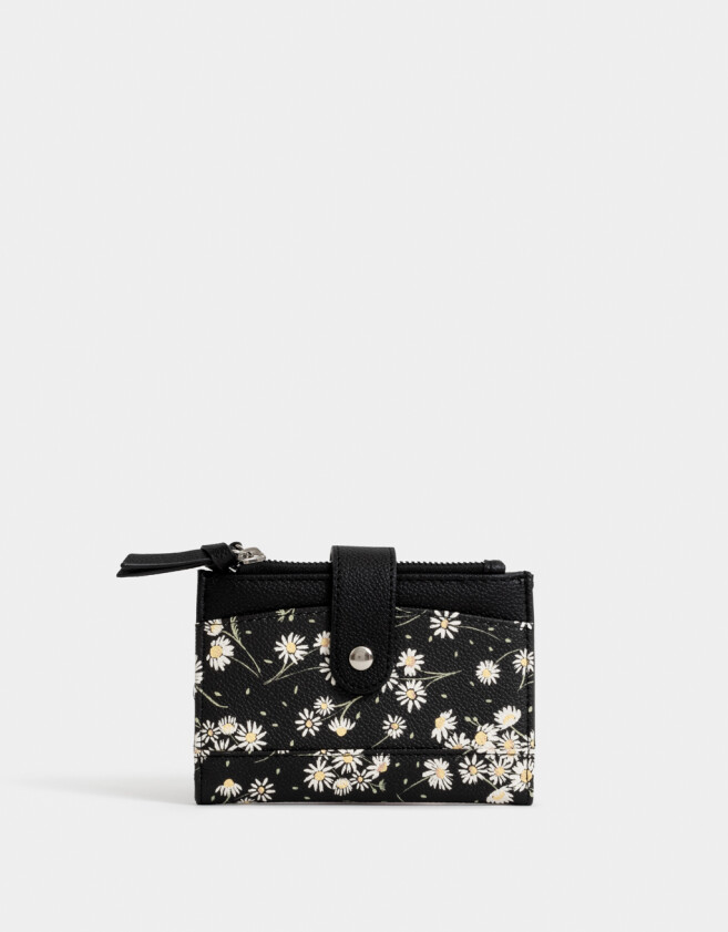Billetera Estampados Billetera Cuerina Margaritas - Negro