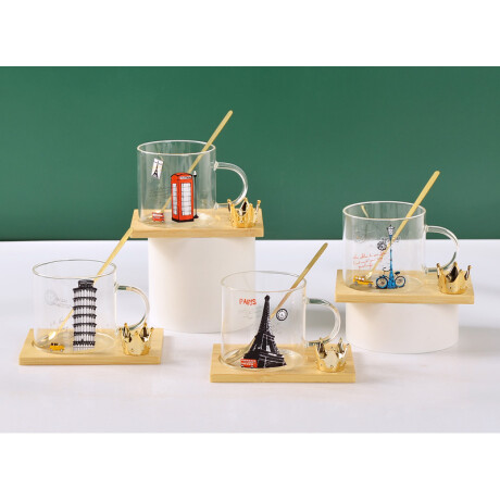 Taza de Vidrio con Cuchara y Base de Madera Taza de Vidrio con Cuchara y Base de Madera
