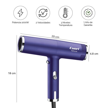 Secador de Pelo c/ 2 Vel y 3 Niveles Temp 1000W Cuori Veloce Violeta