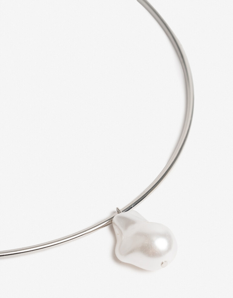Collares Cortos Perlas Collar Corto Rígido Dije Perla - Plateado Rodio