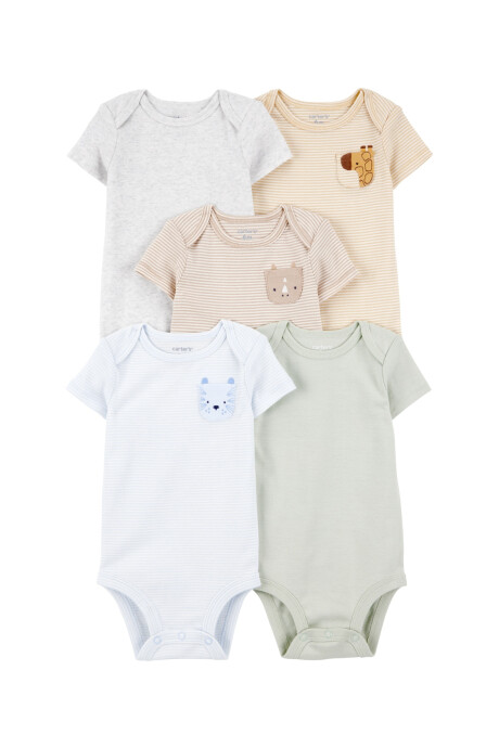 Pack cinco bodies de algodón, manga corta y bolsillo de animales Sin color