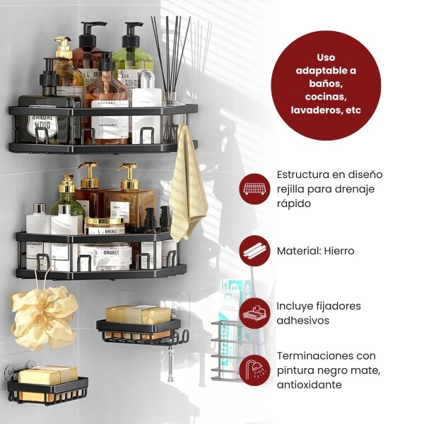 Estante Organizador Adhesivo Set X5 Esquinero De Ducha Baño Negro Mate BAN010 Estante Organizador Adhesivo Set X5 Esquinero De Ducha Baño Negro Mate BAN010