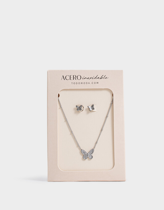 Bijouterie Set Acero quirúrgico Set De Aros Y Cadena Mariposa - Plateado