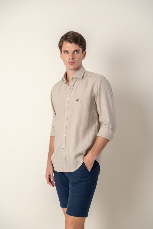 Camisa short collar lino Beige