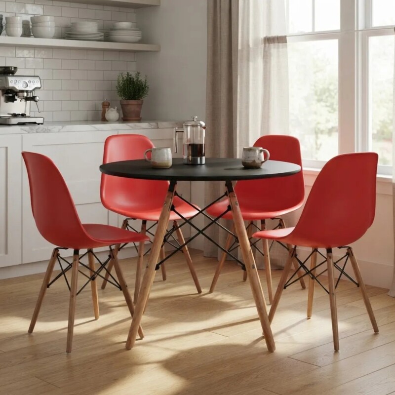 Juego de comedor Con Mesa Circular de 80cm + 4 Sillas Eames Rojo/Negro
