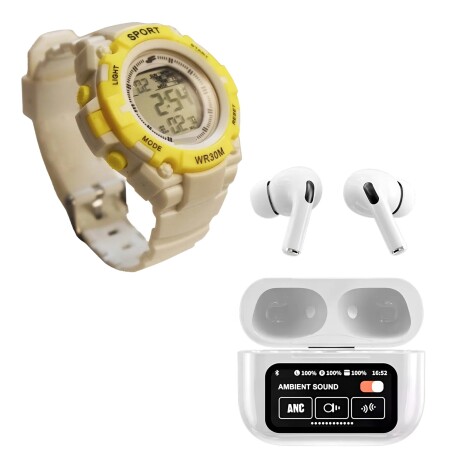 Kit Reloj Waterproof Unisex + Auriculares A9 PRO BT Táctil Blanco