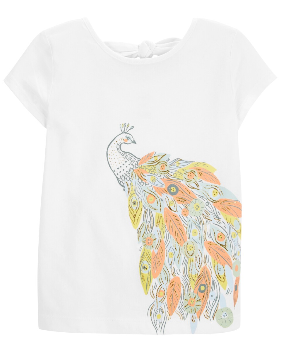 Remera de algodón, con lazo, estampa pavo real. Talles 12-24M 