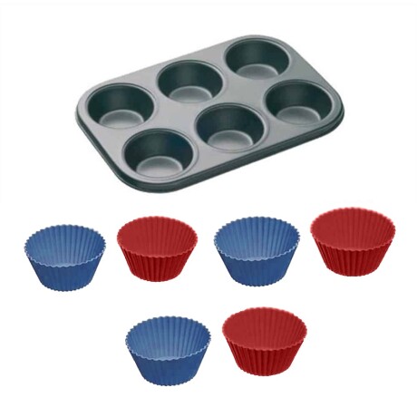 Molde Muffins Para 6 Unidades Incluye Pirotines Silicona Rojo/azul