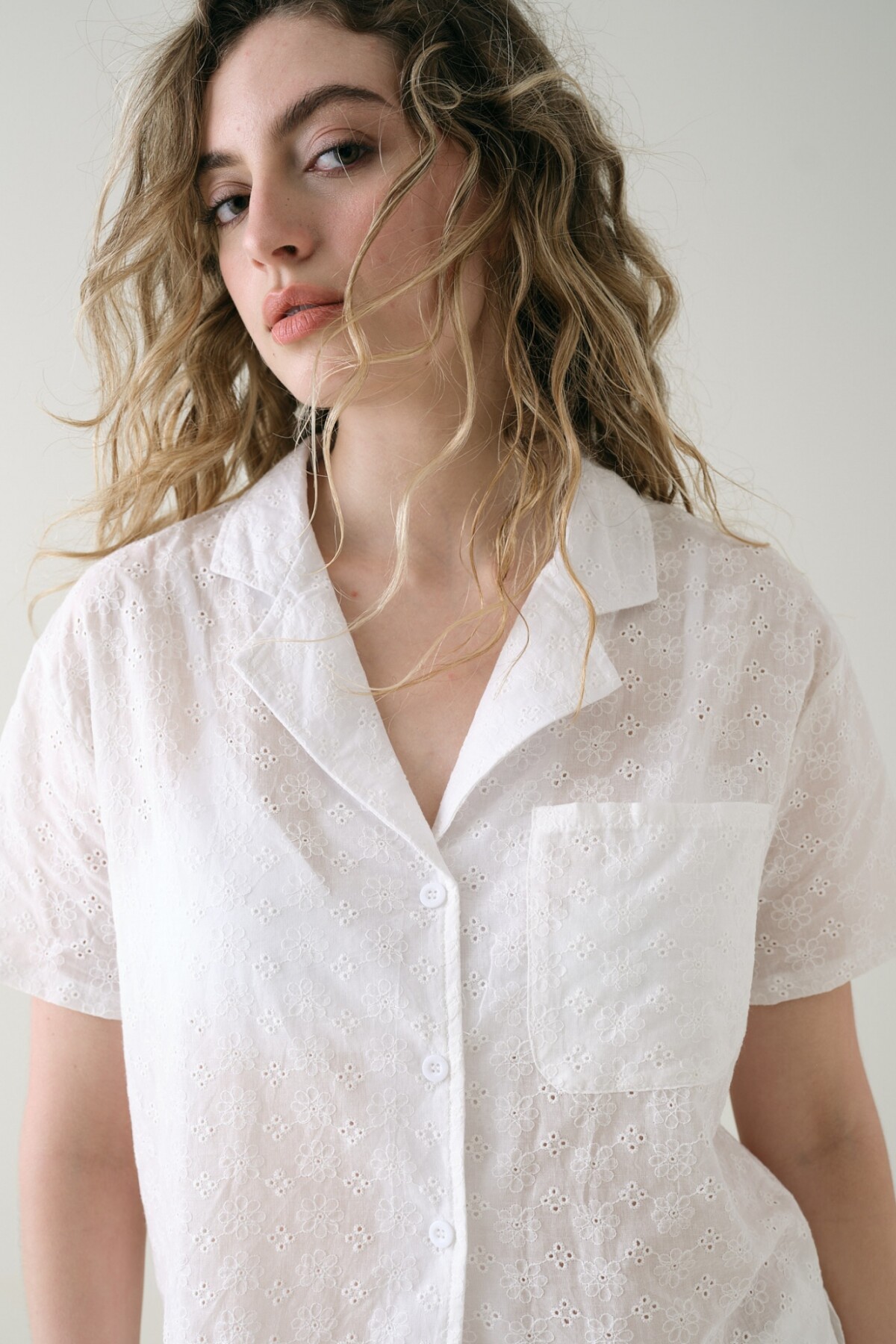 Camisa Manga Corta Broderie Blanco