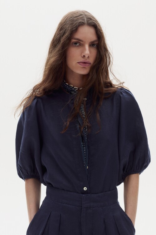 Camisa Bubble en Lino Navy