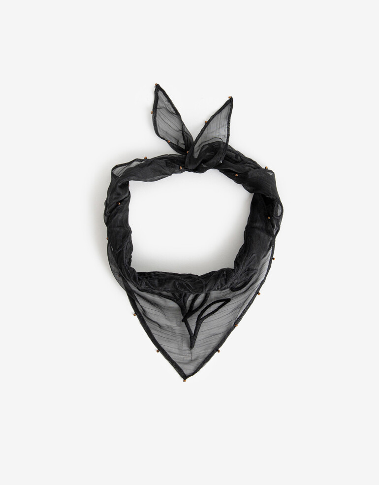 Pañuelos Raso Bijoutero Triangular De Gasa Doble Con Bordado Y Beads - Negro