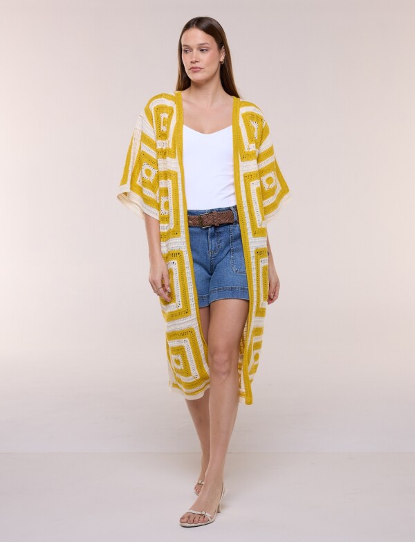 Cardigan Largo Crochet Mangas Kimono MOSTAZA