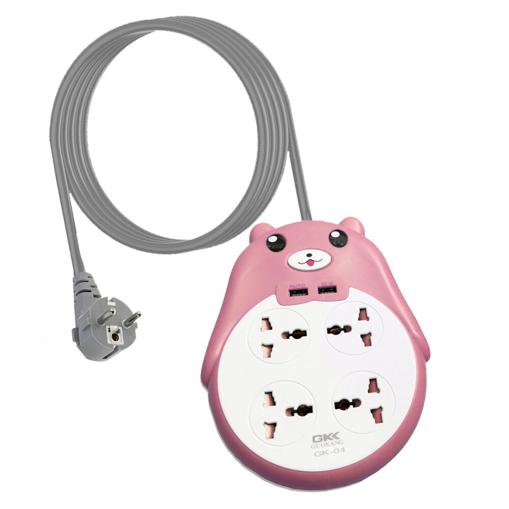 Alargue Con Diseño De Osito y 2 Puerto USB Rosa
