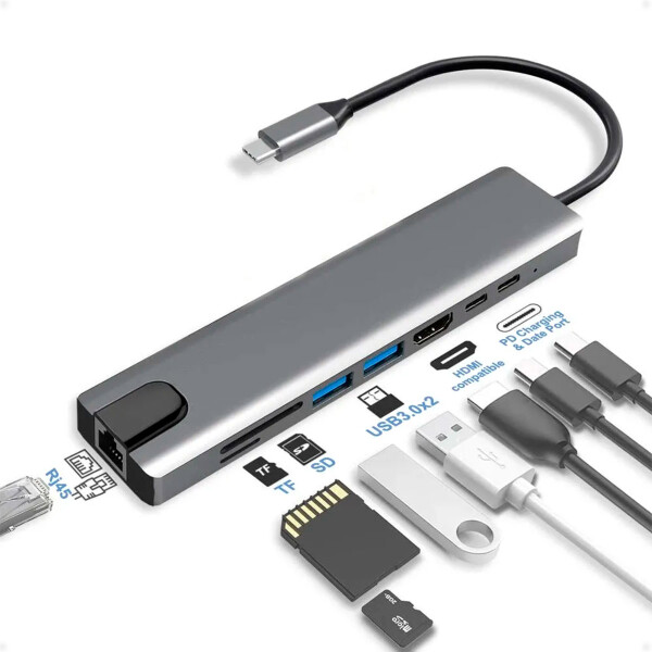 HUB Adaptador USB Tipo C 3.0 a USB 3.0 2 Puertos, USB Tipo C y PD, HDMI 4k, Lector de Tarjeta SD microSD TF, Ethernet RJ45 HUB Adaptador USB Tipo C 3.0 a USB 3.0 2 Puertos, USB Tipo C y PD, HDMI 4k, Lector de Tarjeta SD microSD TF, Ethernet RJ45