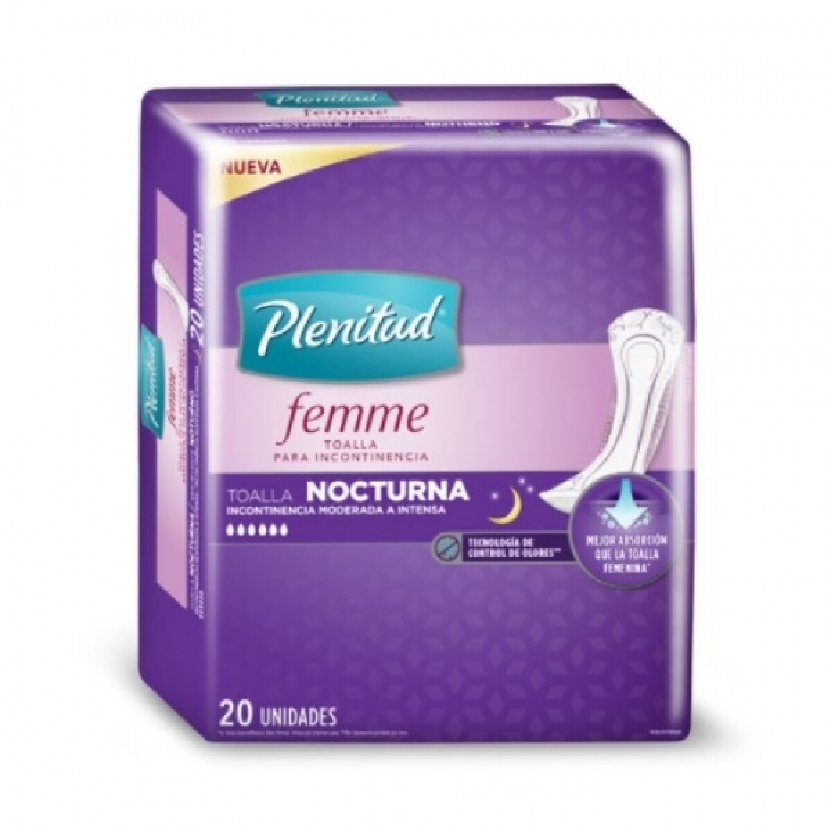 TOALLITAS FEMENINAS PLENITUD FEMME NOCTURNAS SIN ALAS 20 U 