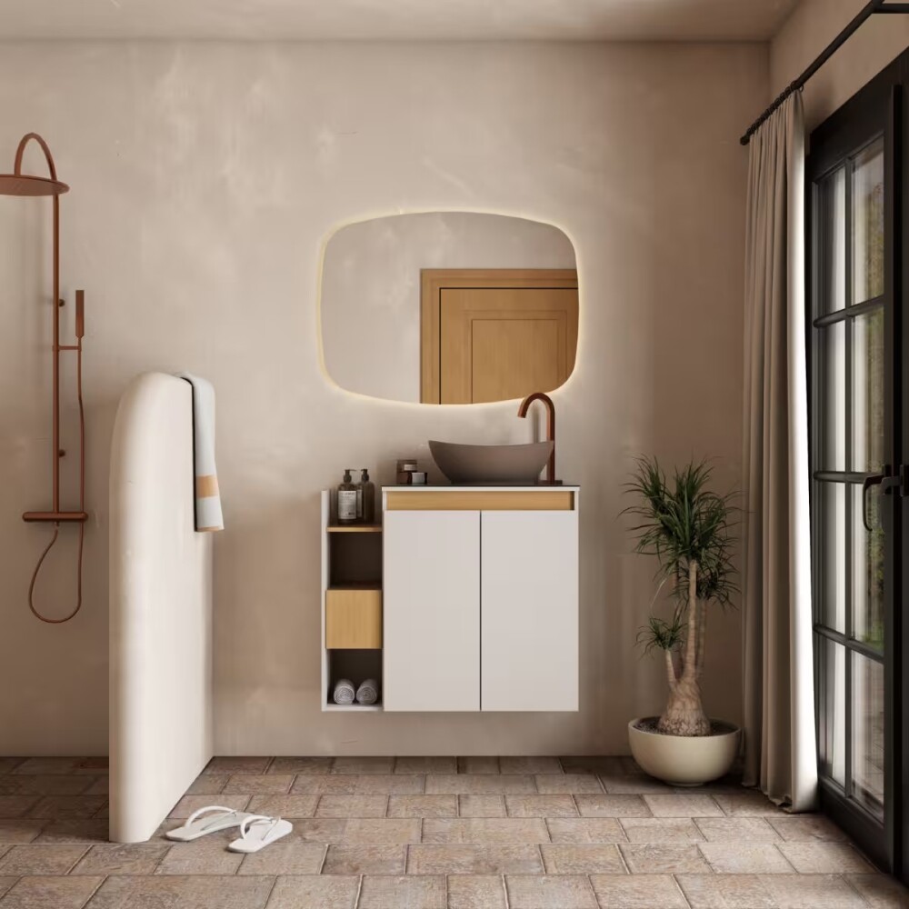 Mueble de baño suspendido Lotus Beige 80 cm con tapa de vidrio con bacha Mueble De Baño Suspendido Lotus Beige 80 Cm Con Tapa De Vidrio Con Bacha