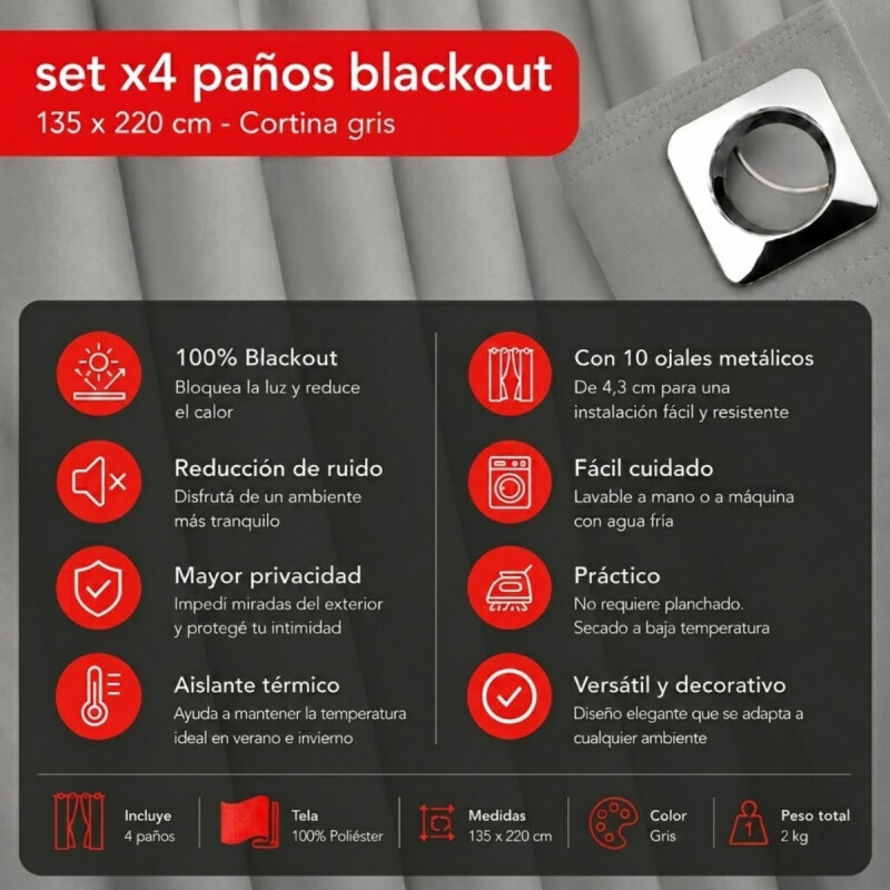 Cortina 100% Blackout set 4 paños 135 x 220 GRIS