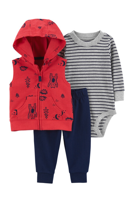 Set tres piezas chaleco con capucha estampado, pantalón y body manga larga de algodón 0