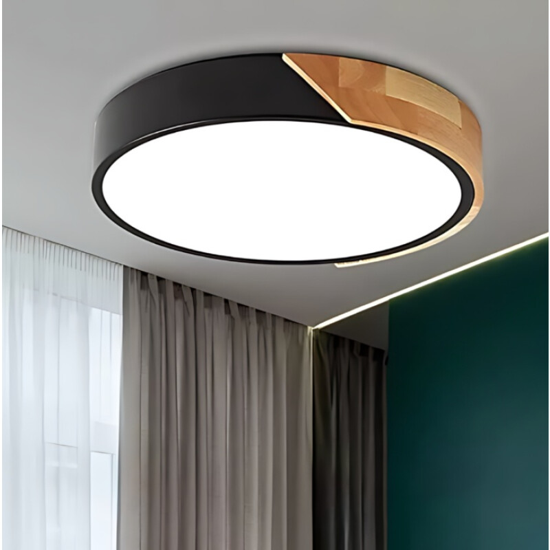 Luminaria Luz Fria Plafon Led Diám 30cm Metal Y Madera Negro