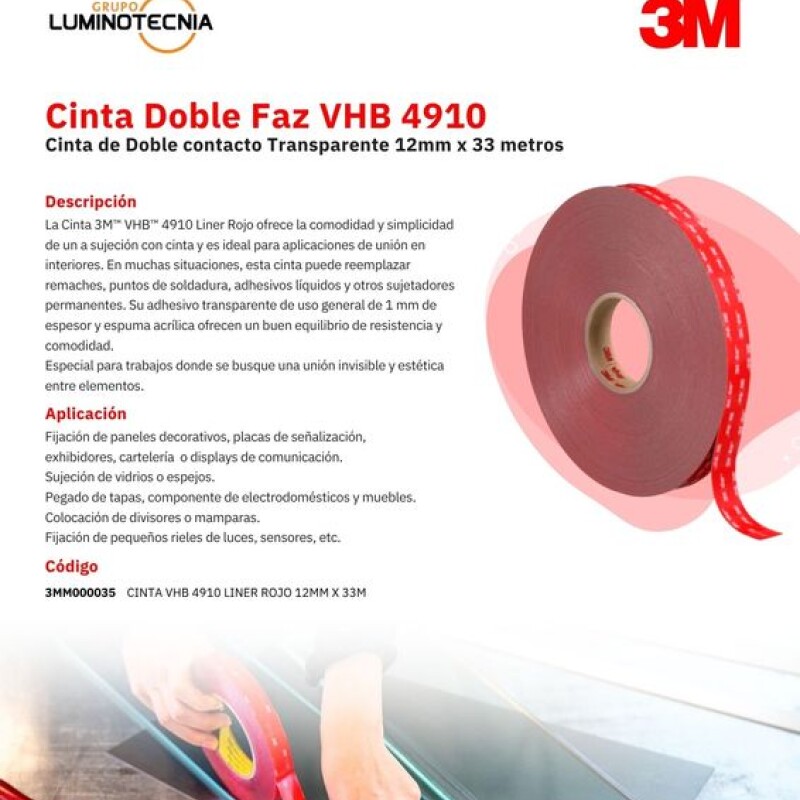 CINTA DOBLE FAZ VHB4910 12MM X 33M - 3M CINTA DOBLE FAZ VHB4910 12MM X 33M - 3M