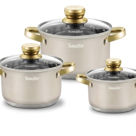 Batería De Cocina Sonifer Efecto Piedra C/tapa De Vidrio 6pc Acero