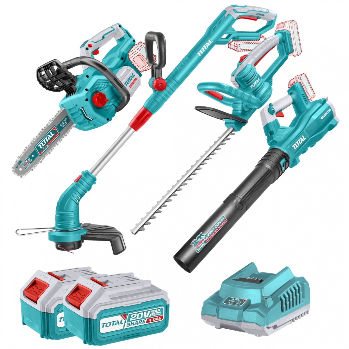 Kit Línea 20v: Motosierra + Bordeadora + Cortacerco + Soplador - 2 Baterías 4.0Ah 