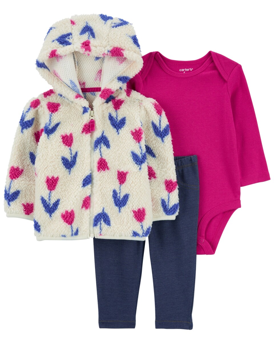 Set tres piezas, campera de sherpa, pantalón y body de algodón, diseño tulipanes 