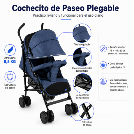 Coche Paraguitas Bebe Reclinable Plegable Compacto 8 Ruedas Azul
