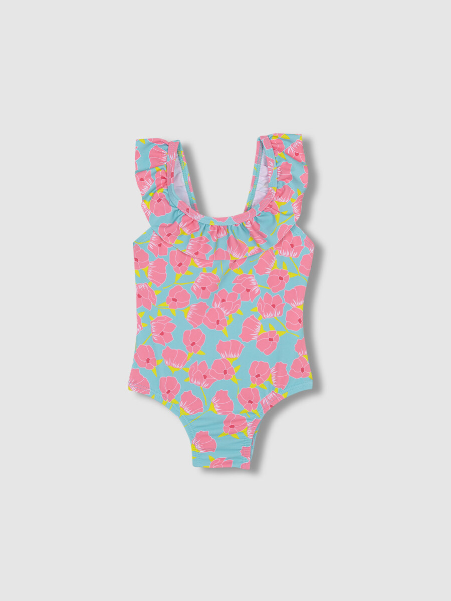 Bañador Estampado Flores Turquesa Brillante