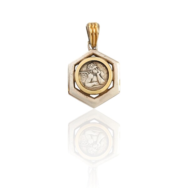 Dije Medalla Ángel de la guarda Hexagonal-Plata y oro- Sin piedra- CP5020 Sinpiedra