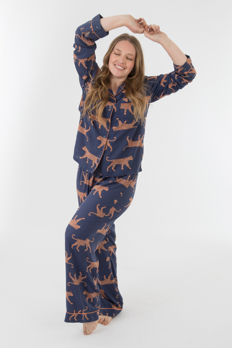 Pijama camisero estampa leopardo Azul