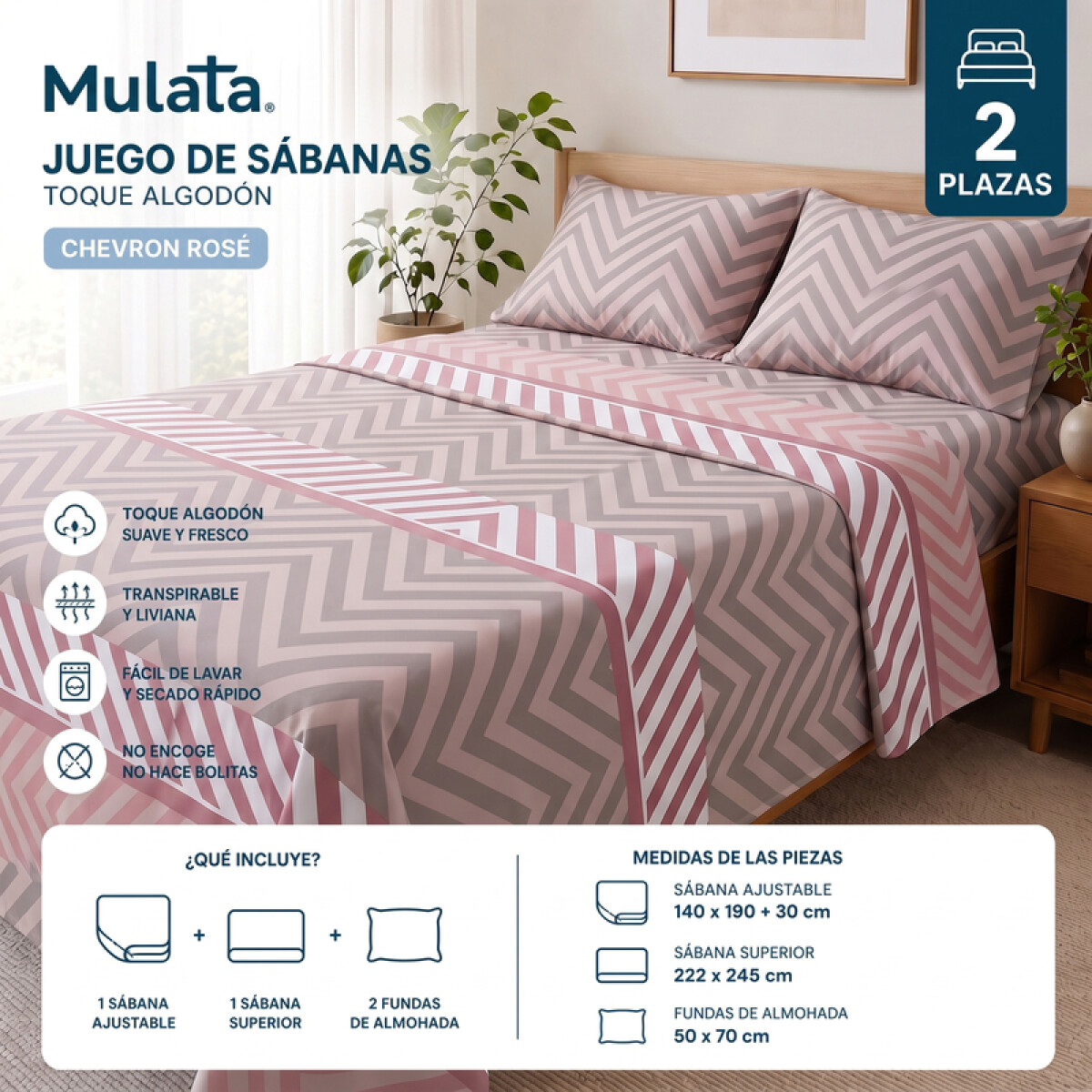 Juego De Sabanas 2 Plazas Toque Algodón Sommier Chevron Rosé 