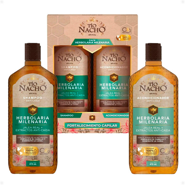 Pack Shampoo y Acondicionador Herbolaria Milenaria Jalea Real y Extractos Anticaída Tío Nacho de 415 ML Pack Shampoo y Acondicionador Herbolaria Milenaria Jalea Real y Extractos Anticaída Tío Nacho de 415 ML