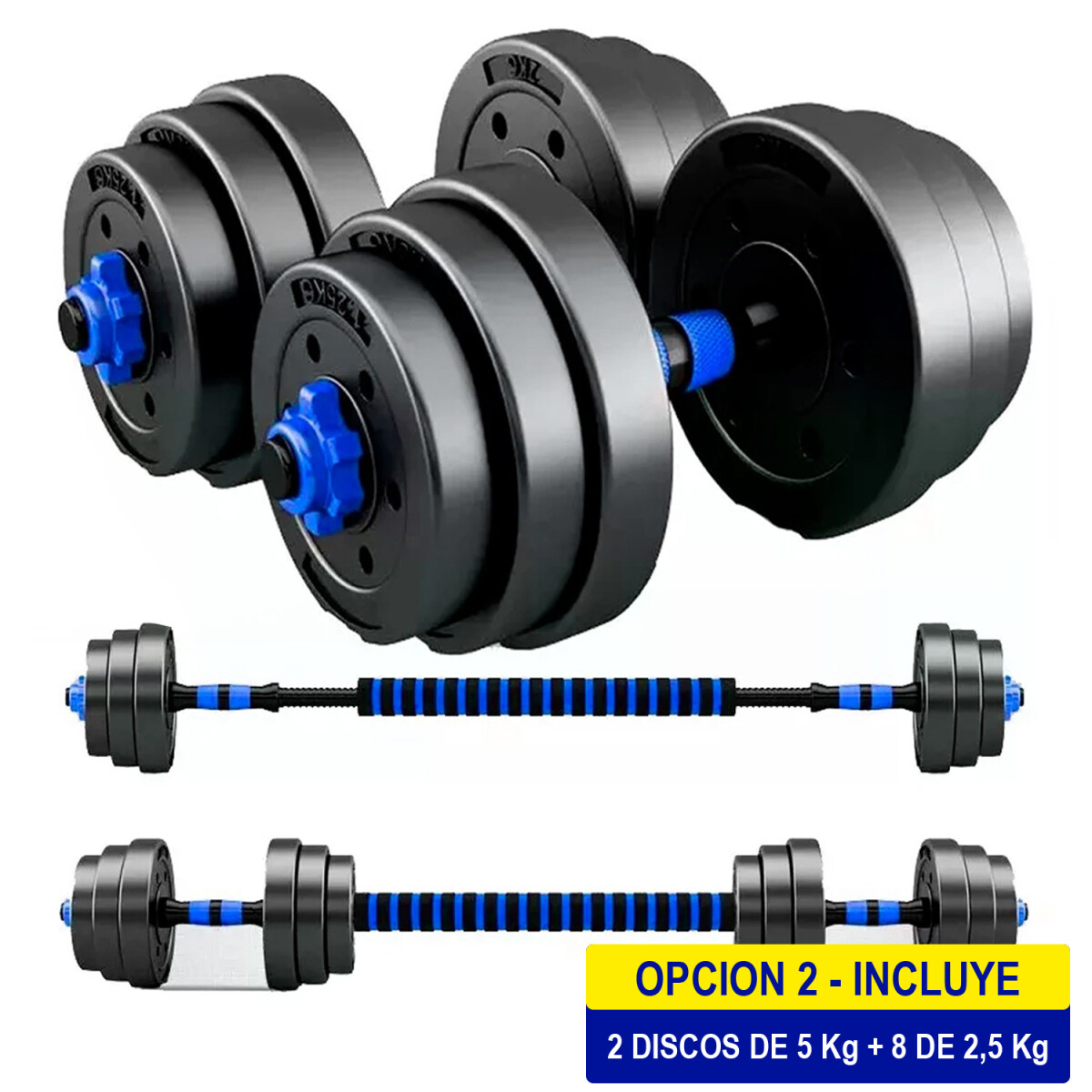 Set 2 Mancuernas + Barra 3en1 + 30kg Disco Pesa PVC - 2x5+8x2.5KG 