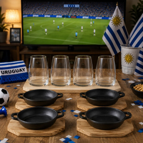 Combo Ugarte Set 4 Platos de Hierro con Base Bambú y Set de 4 Vasos de Vidrio Combo Ugarte Set 4 Platos de Hierro con Base Bambú y Set de 4 Vasos de Vidrio