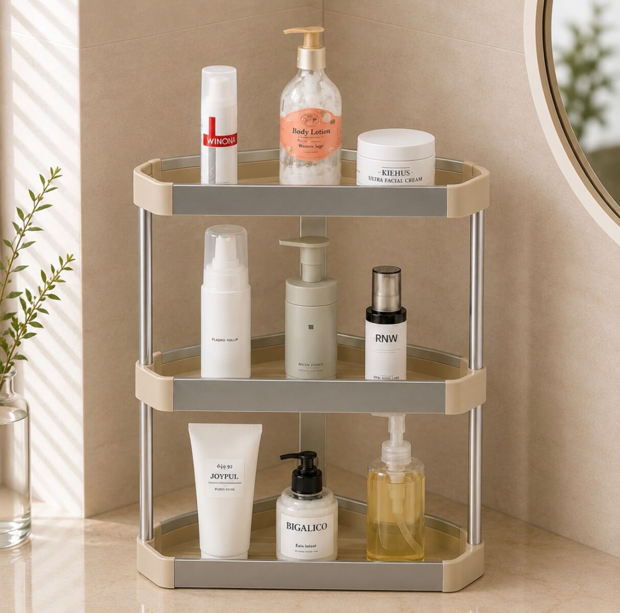 Estante Organizador Esquinero 3 Niveles de Aluminio y PP para Baño, Cocina y Tocador 