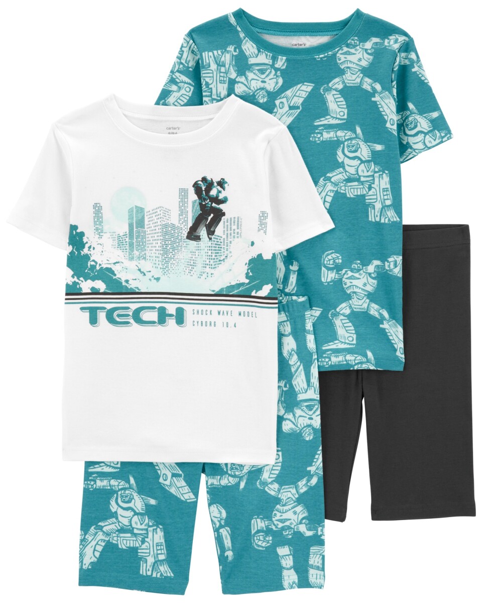 Pijama cuatro piezas de algodón, dos bermudas y dos remeras manga corta diseño robot 