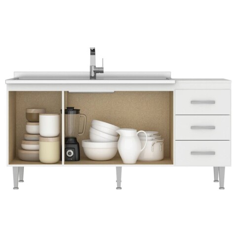 Bajo Mesada 3 Puertas 3 Cajones 160 cm de Ancho Patas Ajustables - Blanco Bajo Mesada 3 Puertas 3 Cajones 160 cm de Ancho Patas Ajustables - Blanco