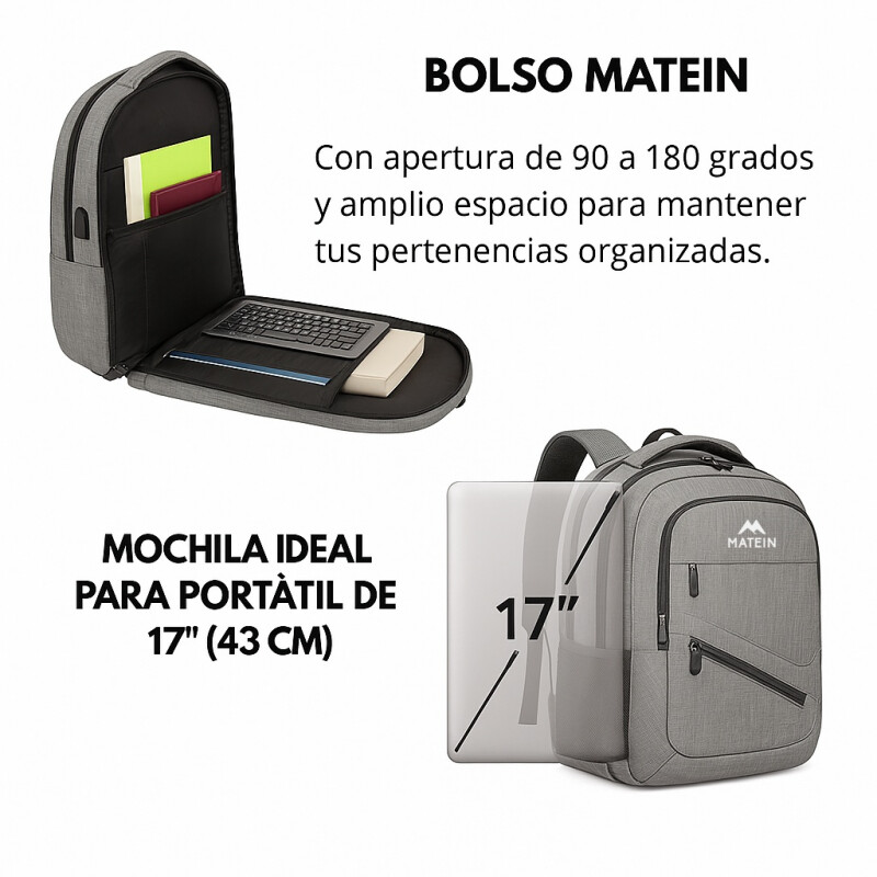 Mochila Viaje Urbana Antirrobo Notebook Matein 103500 Gris Oscuro