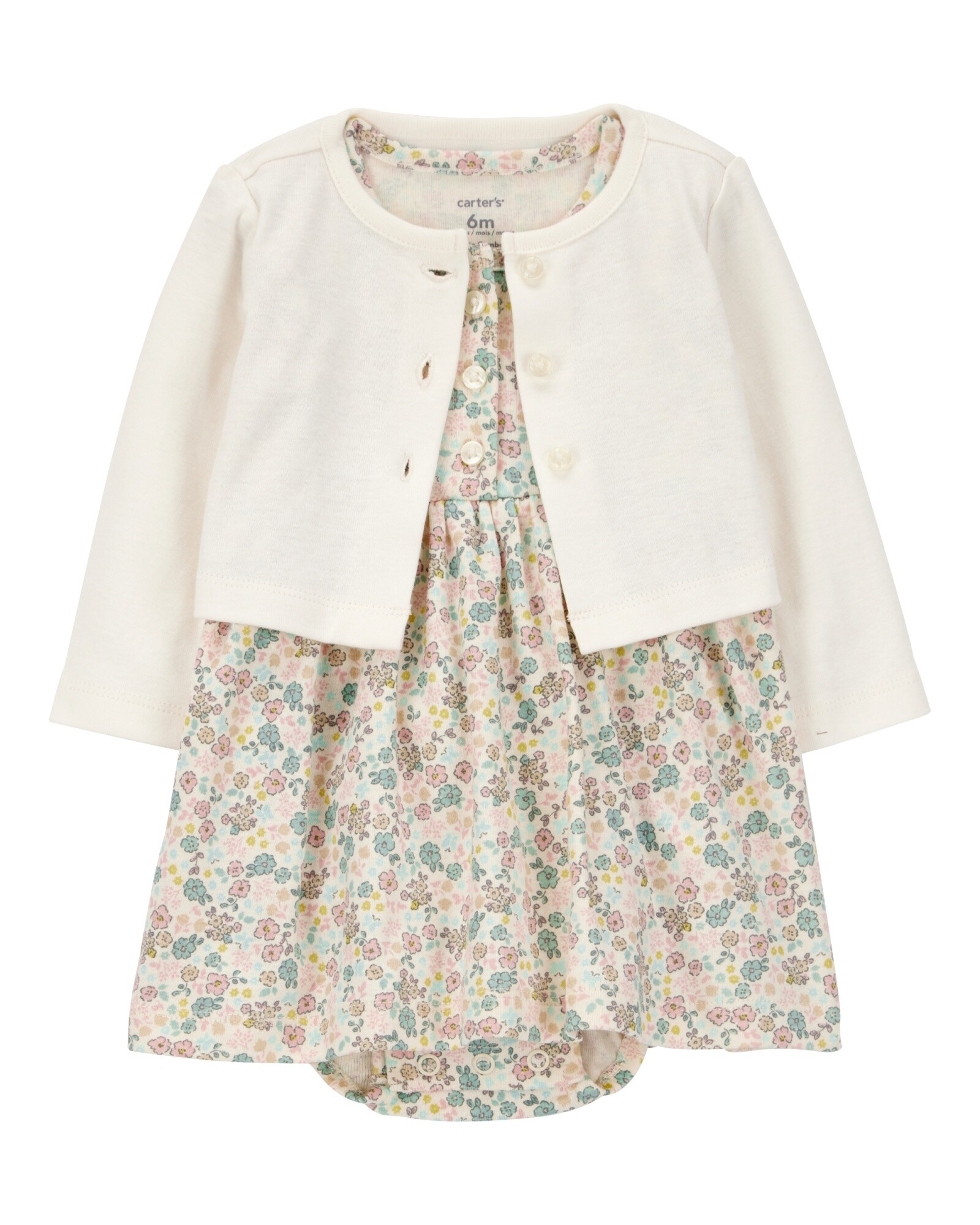 Set dos piezas de algodón, vestido y saco, diseño floral Set dos piezas de algodón, vestido y saco, diseño floral