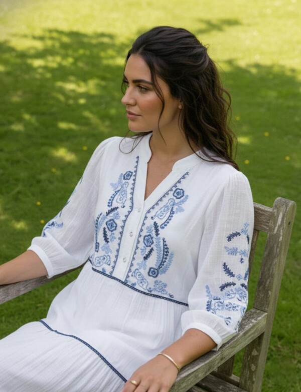 Vestido Detalle Bordado BLANCO/AZUL