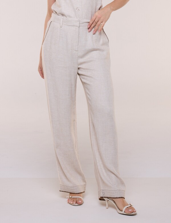 Pantalón Wide Leg De Lino Con Detalles A Contraste BEIGE