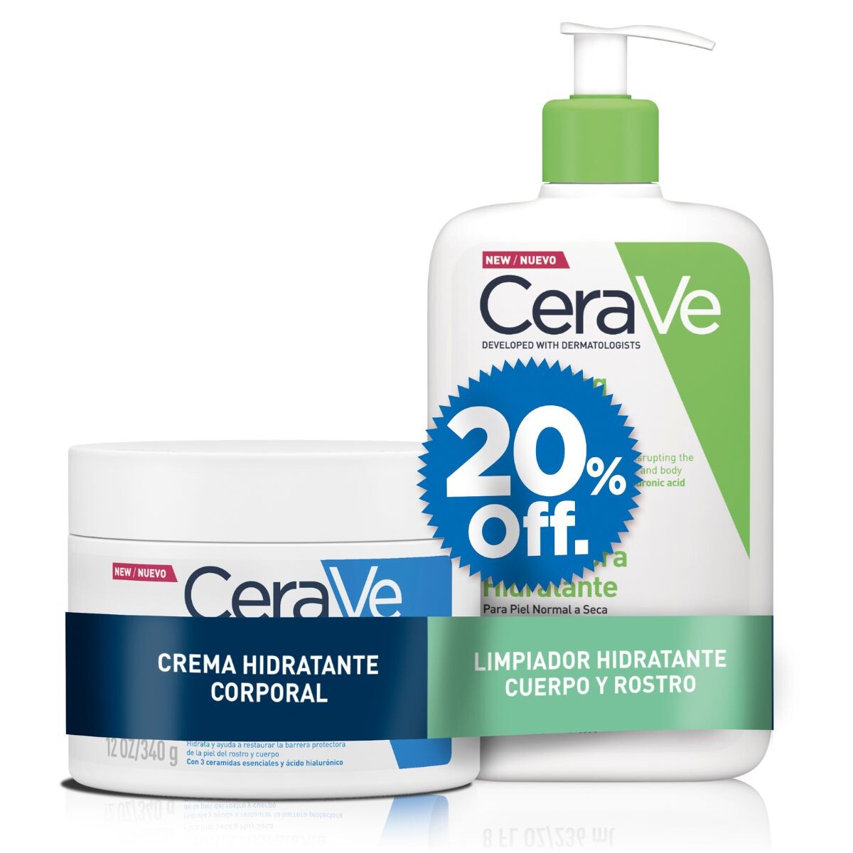 Pack CeraVe Crema Hidratante Corporal 355 ML + Limpiador Hidratantecuerpo y Rostro 236 ML 20% OFF 